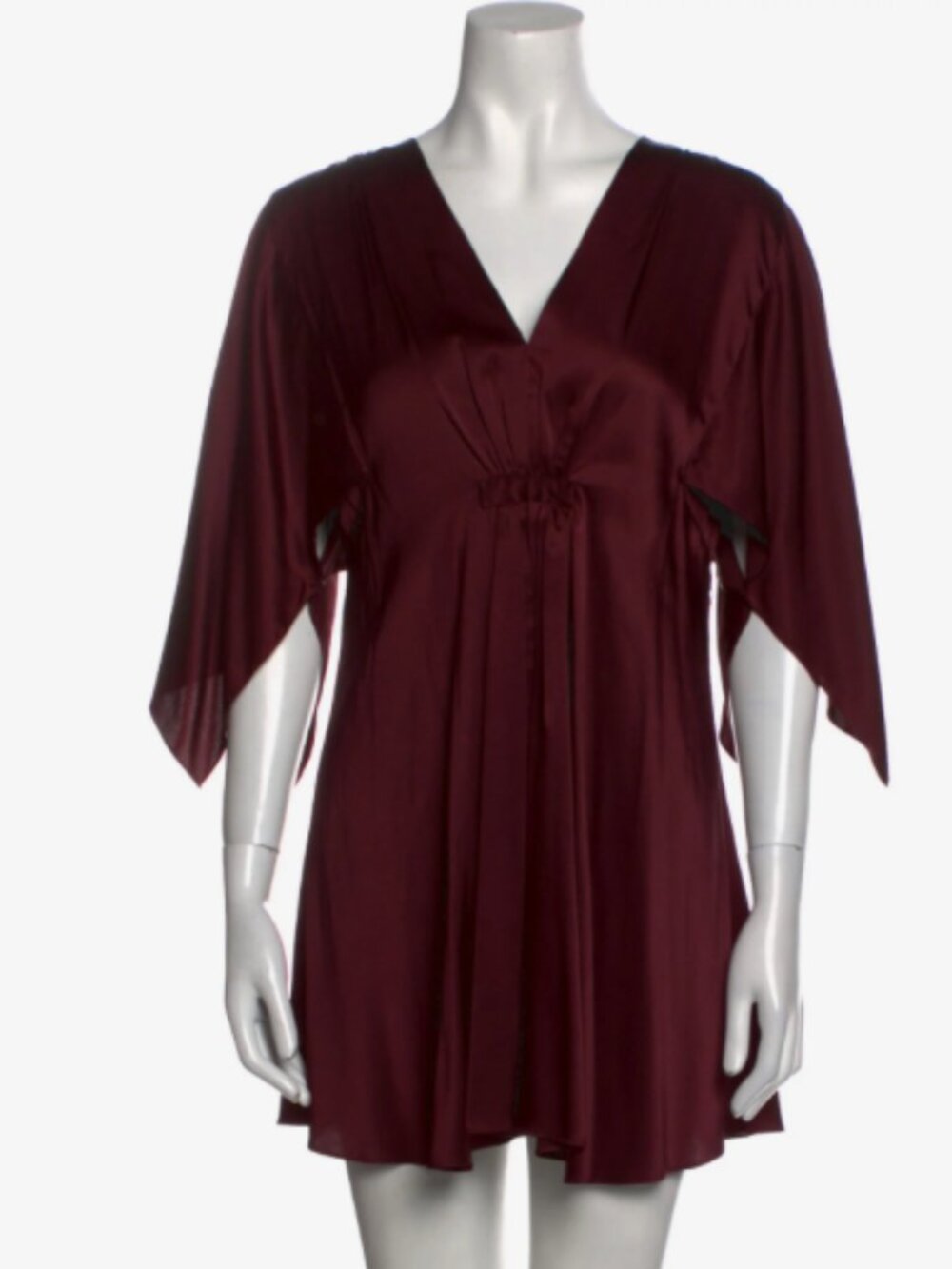 Miguelina 100% Silk Burgundy Pleated Kimono Sleeve Mini Dress XS
